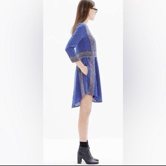 Madewell Ascot Grid Keyhole Shift Flare Silk Dress - Picture 2 of 10